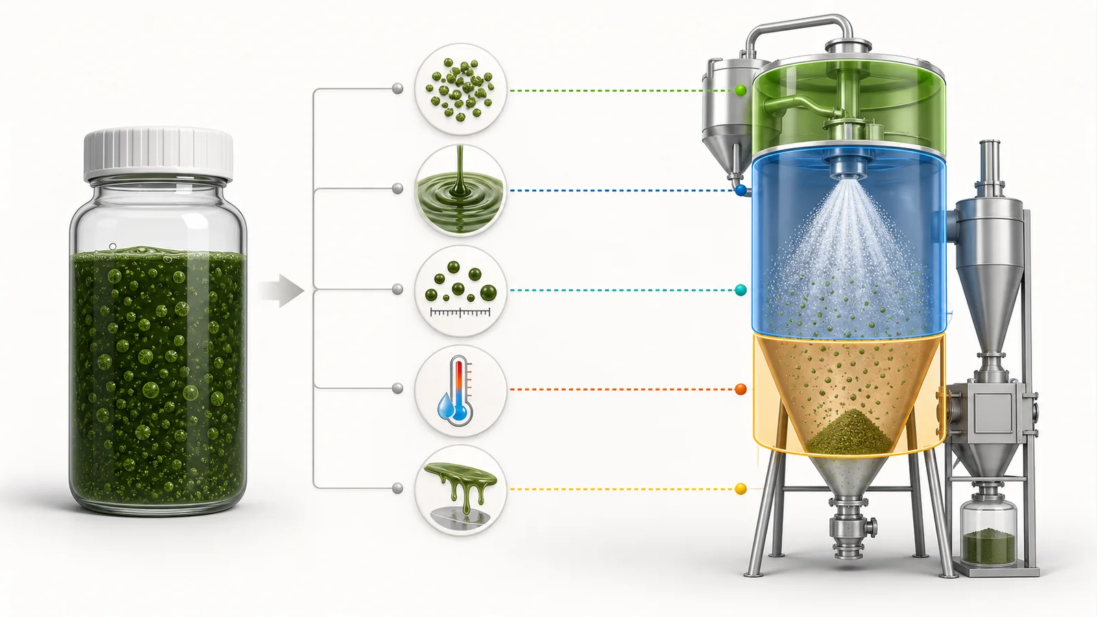 Conceptual illustration linking algae feed properties to spray-dryer feed handling, atomization and powder-collection decisions