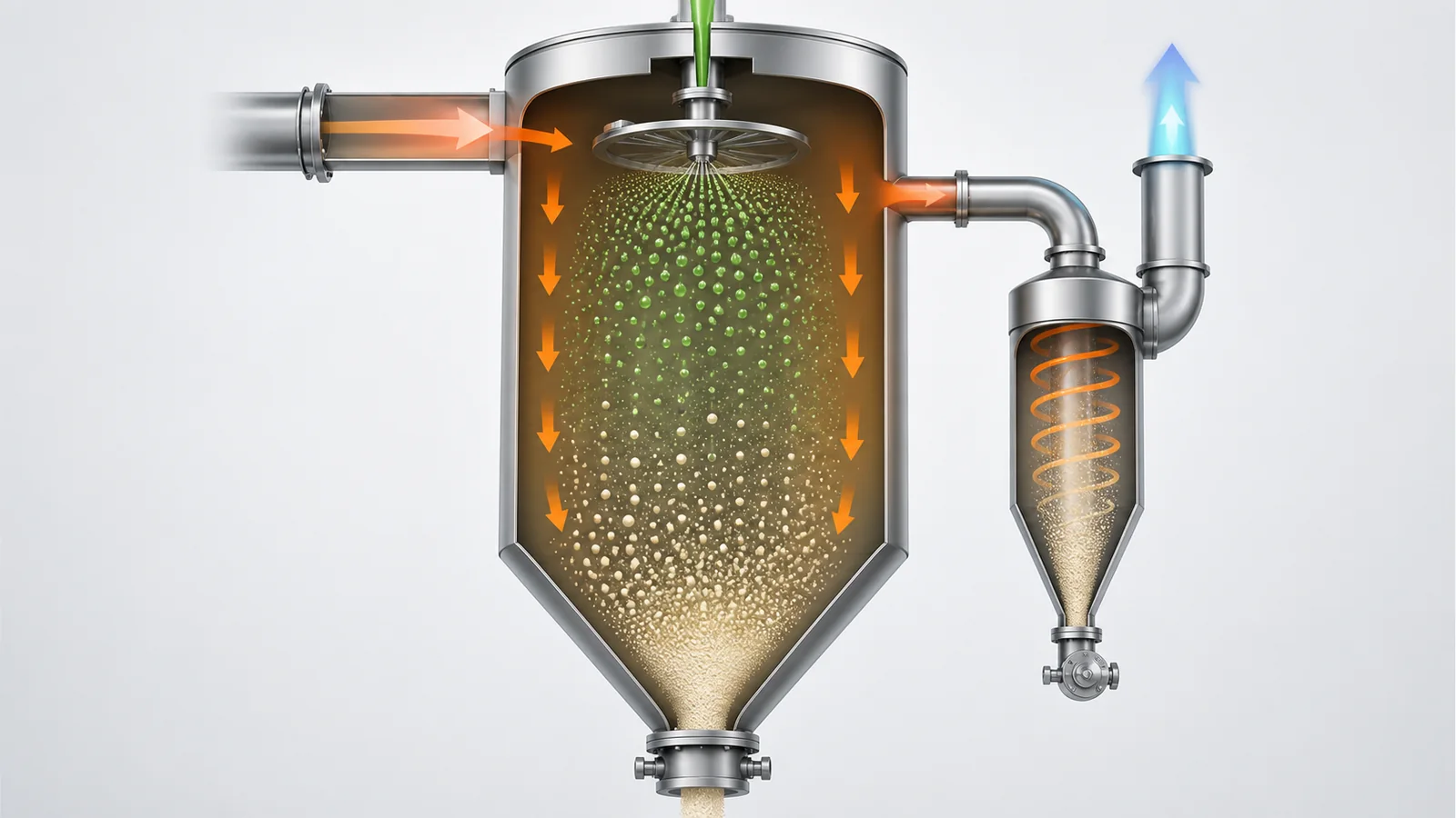 Conceptual cutaway showing centrifugal atomization, co-current hot-air flow and droplet-to-powder transformation in a spray dryer