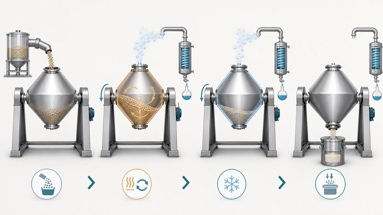 Conceptual sequence showing batch loading, rotation and heating, vapor removal, cooling and contained discharge from a double-cone vacuum dryer