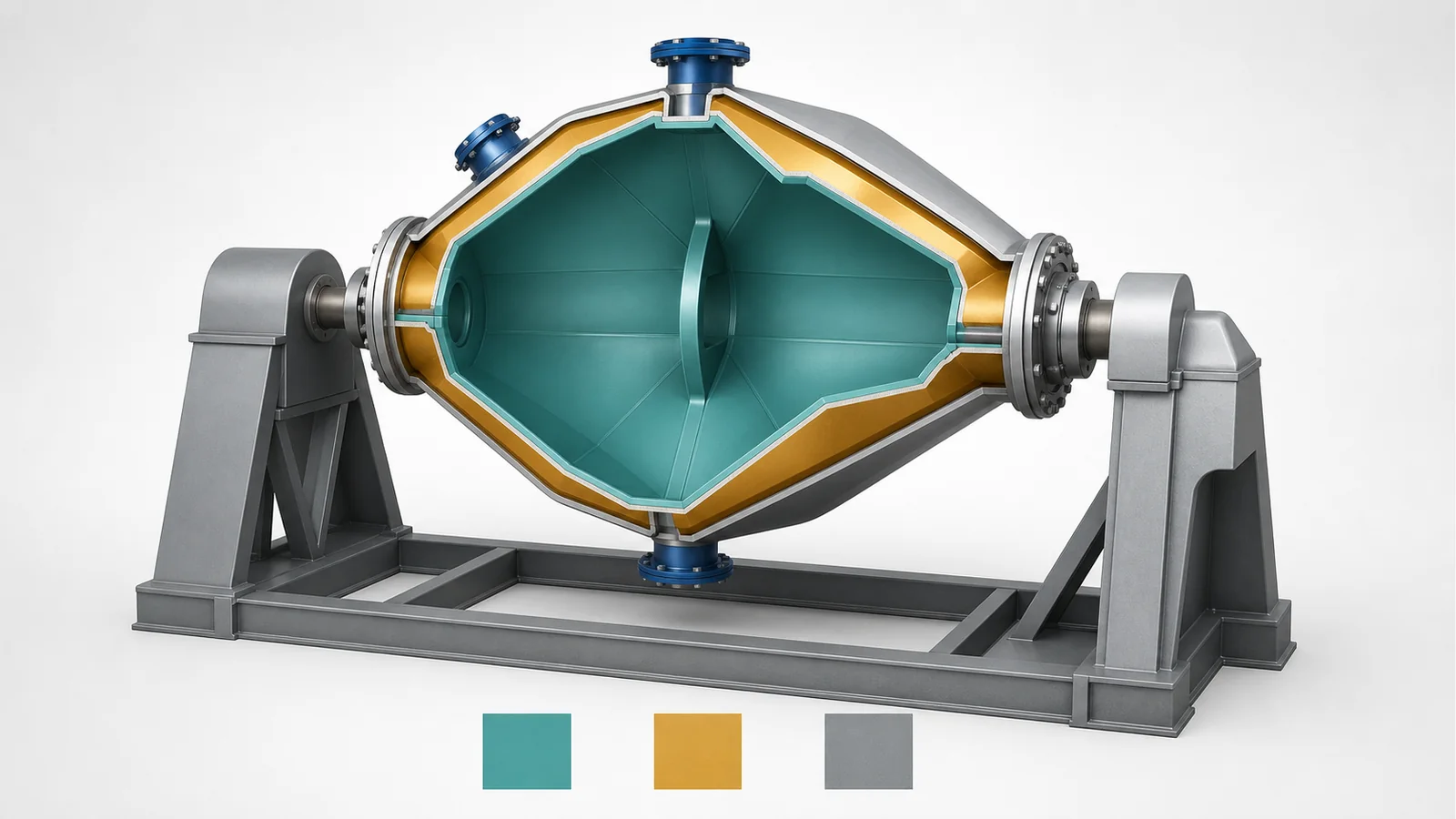 Conceptual cutaway of a double-cone vacuum dryer showing separate product-contact, jacket and structural material zones