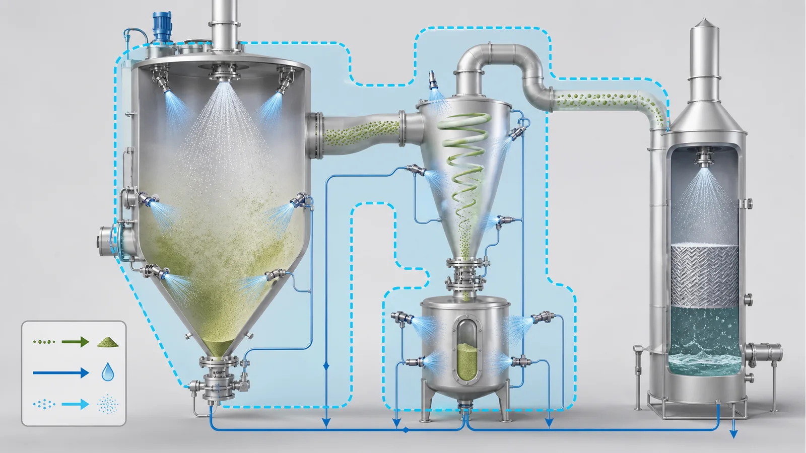 Conceptual spray-dryer powder recovery system showing chamber, cyclone, sealed receiver, final dust control and a proposed cleaning boundary