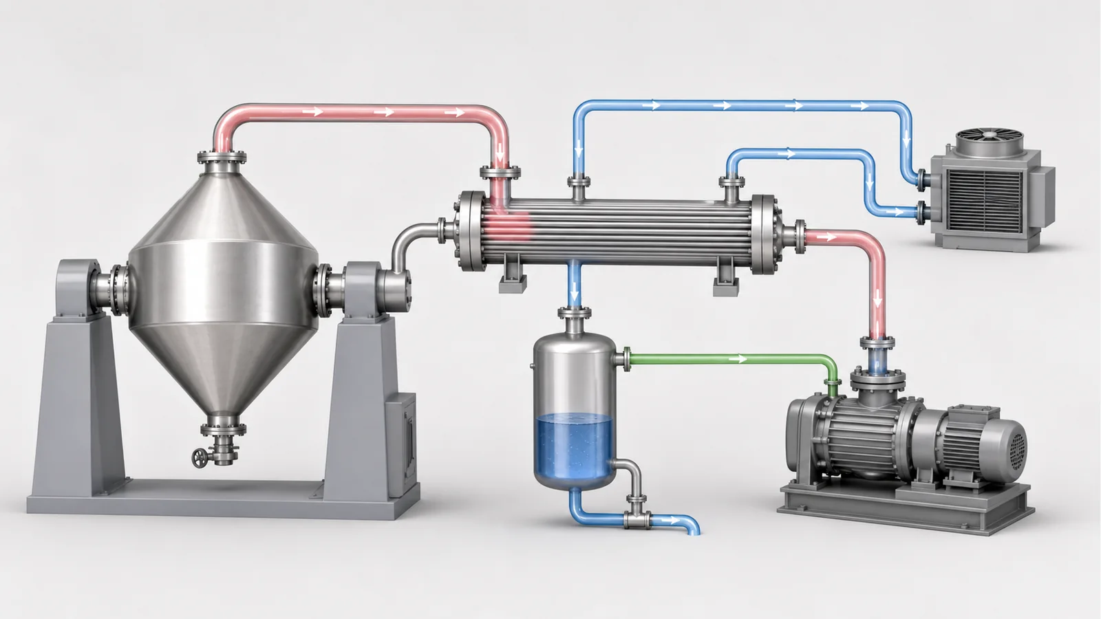 Conceptual double-cone vacuum dryer vapor recovery train with condenser, sealed receiver, cooling loop and vacuum pump